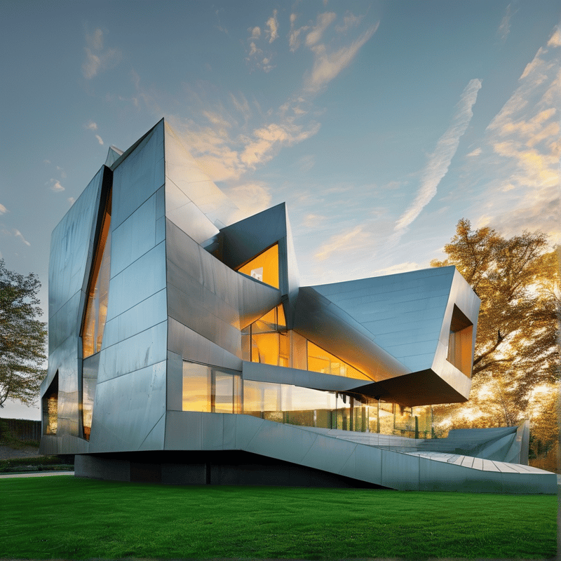 Angular deconstructivist building clad in silver metal panels, warm light glowing through glass windows onto a green lawn