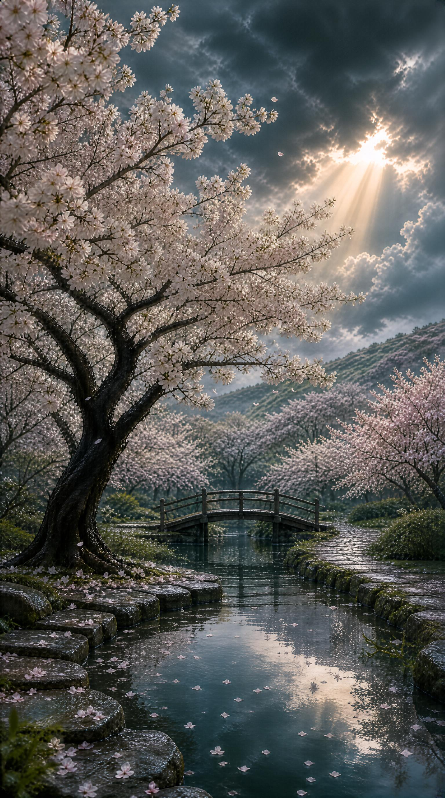 Cherry Blossoms, Bridge, and Stream in Spring