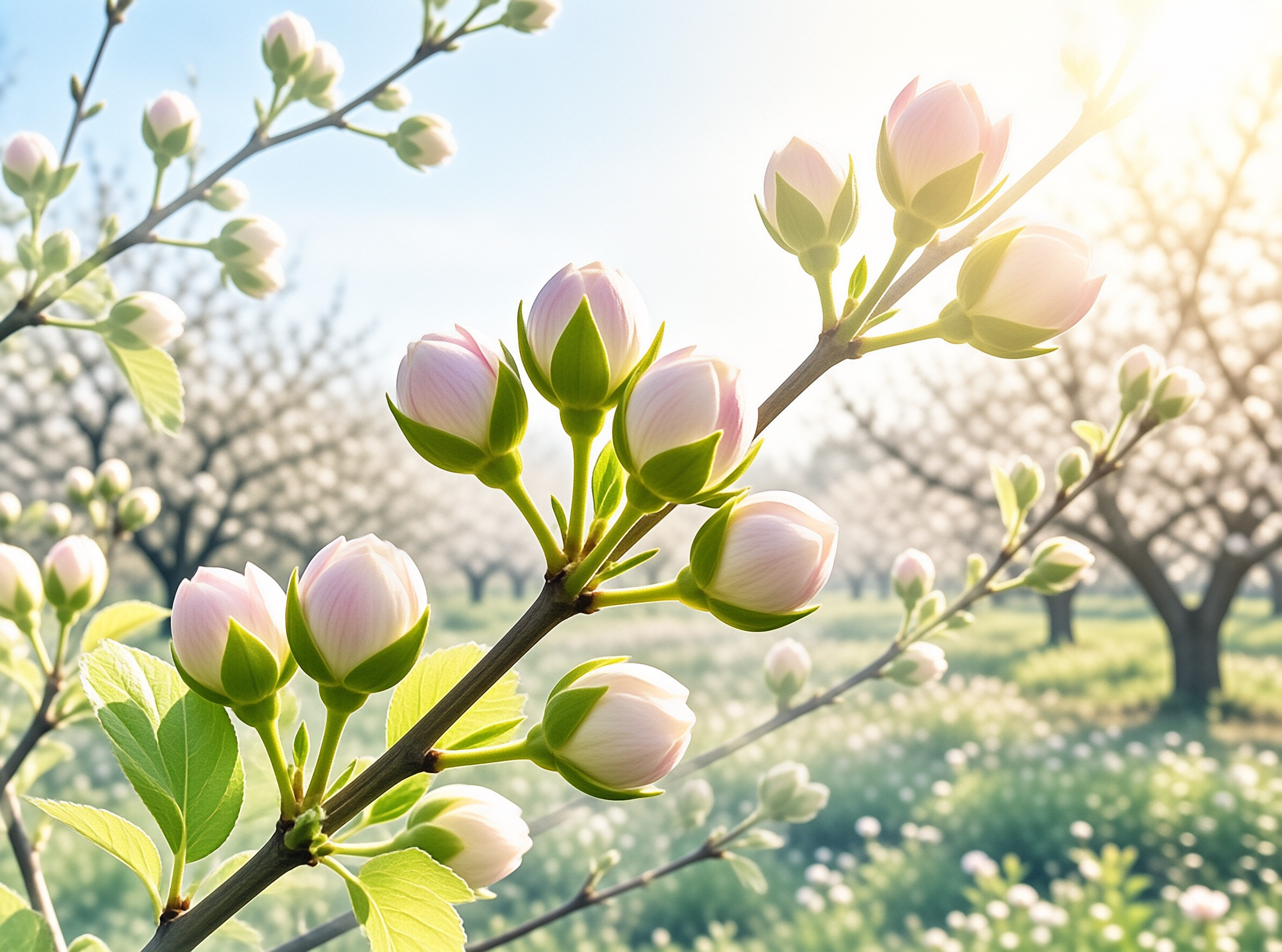 Pale pink flower buds cluster on a branch with fresh green leaves bathed in bright sunlight within a blurred orchard.