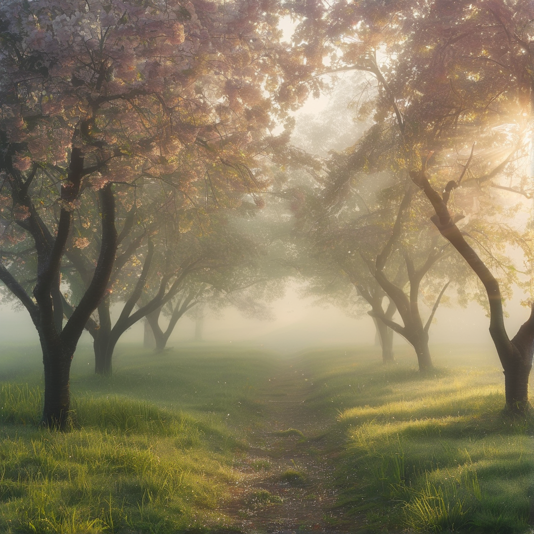 A winding grassy trail cuts through a foggy stand of flowering trees bathed in warm hazy golden sunrise light