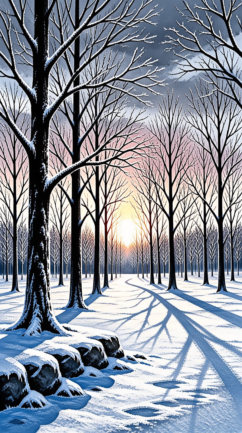 Bare snow-laden trees line a quiet winter road as a pale sun rises and casts long blue shadows.