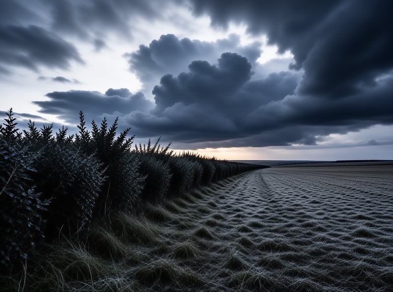 A dark hedge curves along a stubbled field beneath heavy indigo storm clouds, with a sliver of sunset light at the horizon.