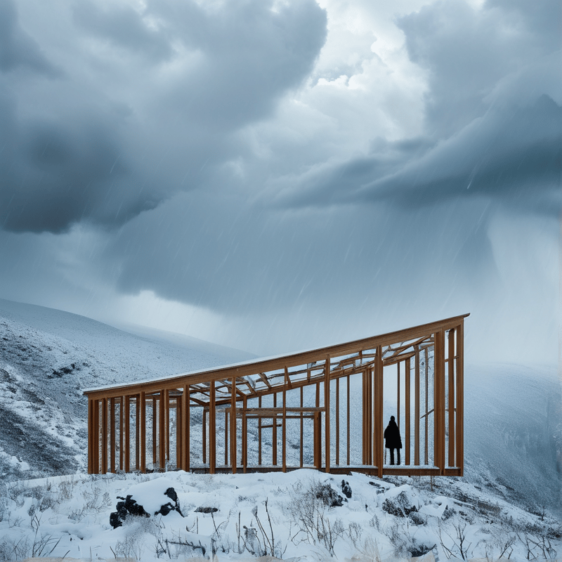 A solitary figure stands within an exposed timber frame on a snow covered slope under heavy grey skies.