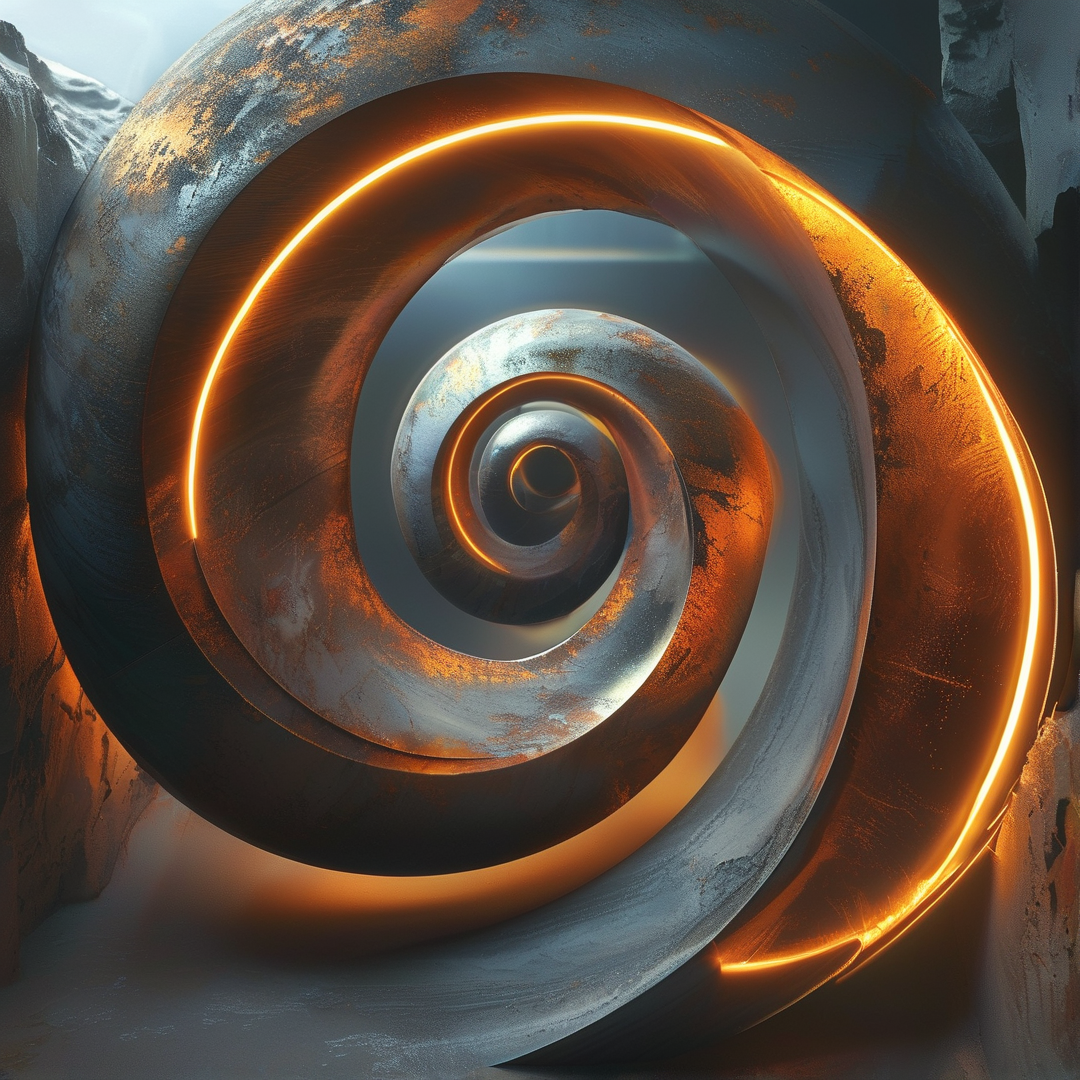 A vast curved metal tunnel features a continuous glowing orange light strip running along its interior edge.