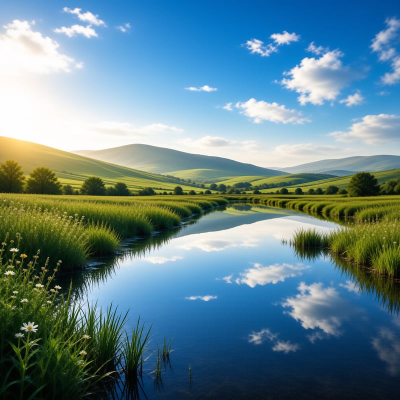 A calm stream reflects a bright blue sky and scattered clouds between lush meadows and rolling hills.
