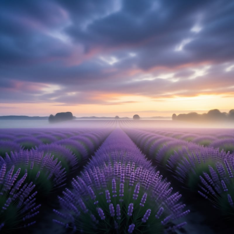Misty Lavender Field at Dawn