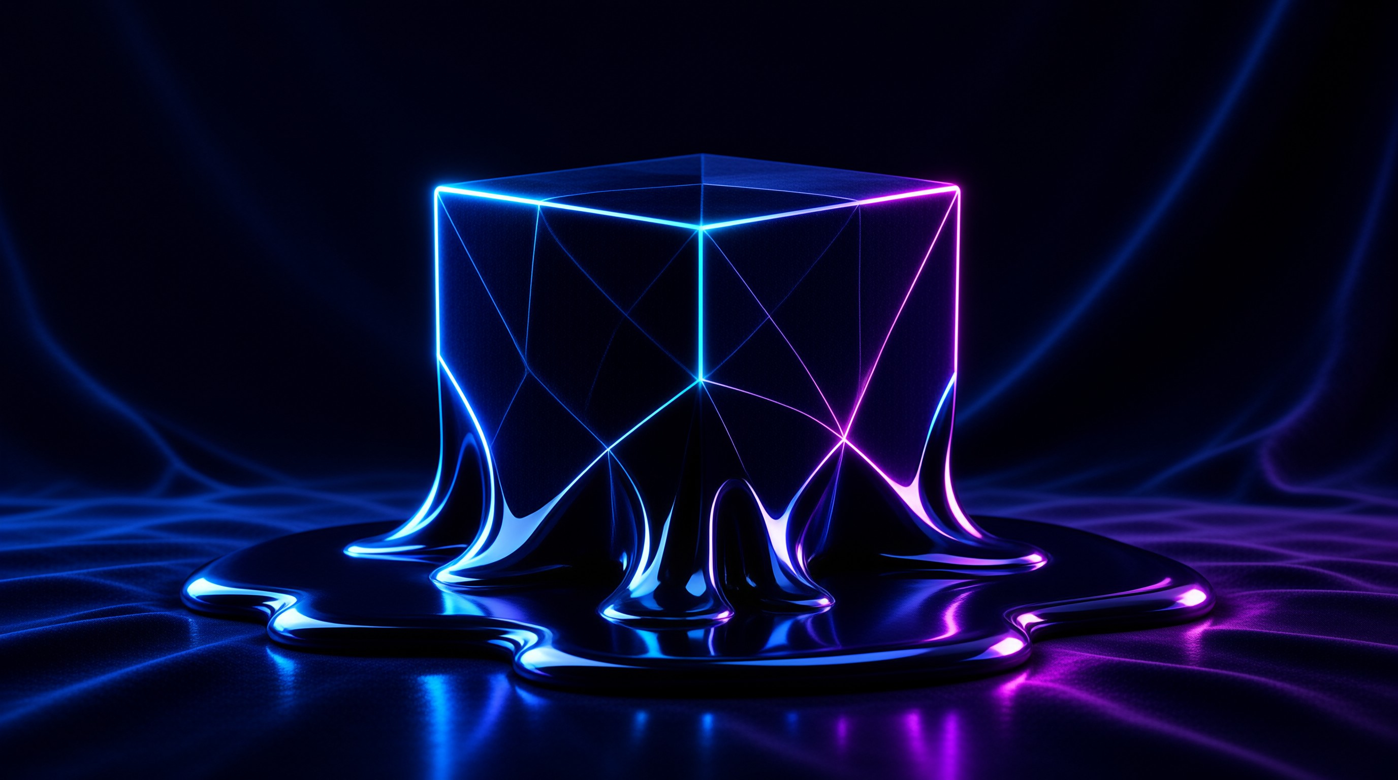 A glowing blue and magenta cube outline drips into molten chrome across a dark rippled floor.