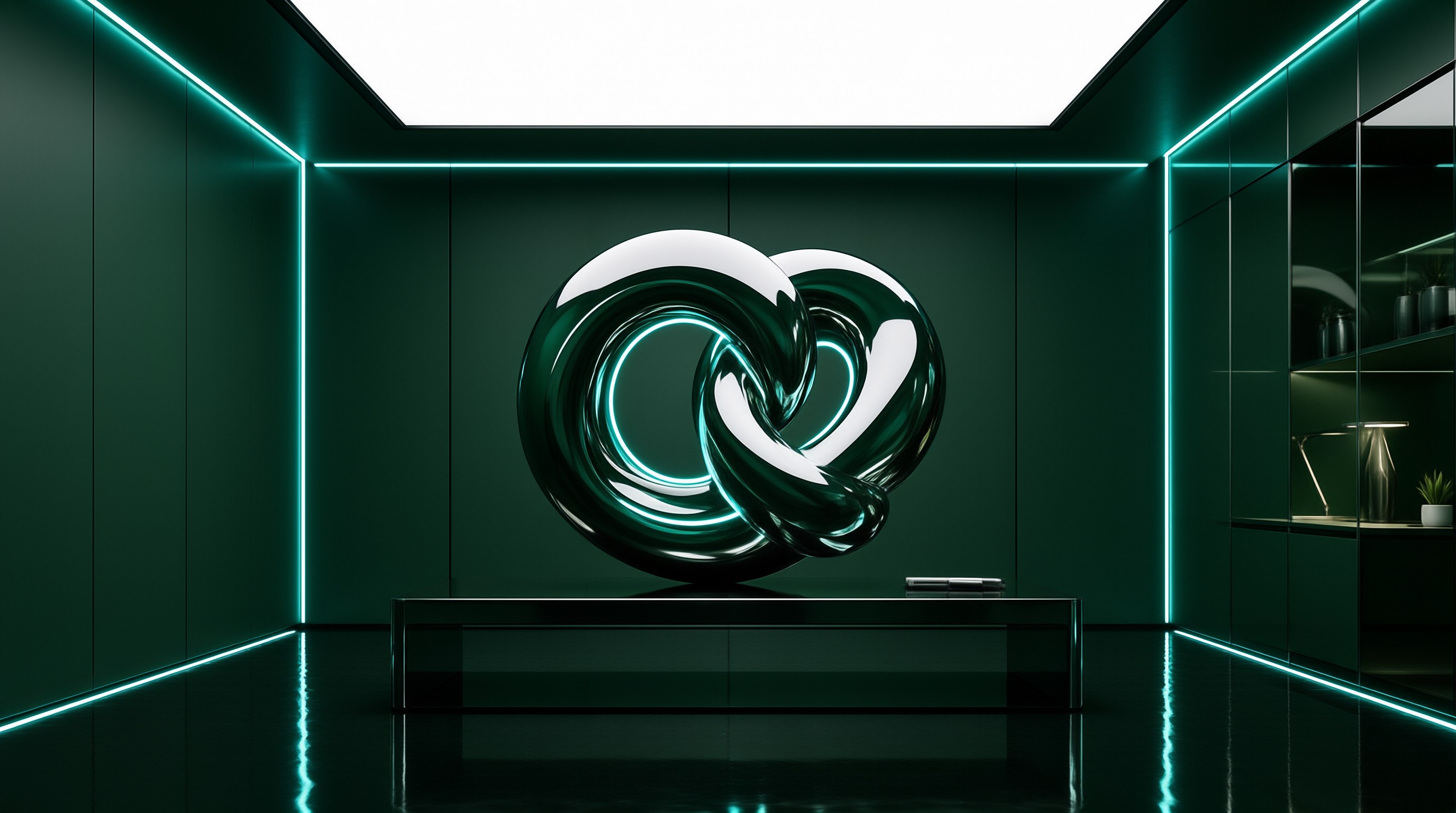 A shiny green knot sculpture rests on a black platform inside a room accented by neon teal LED lighting strips on walls.