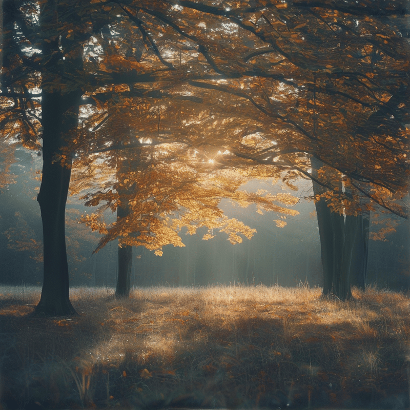 Golden leaves of tall oaks catch sunbeams streaming through a misty forest floor