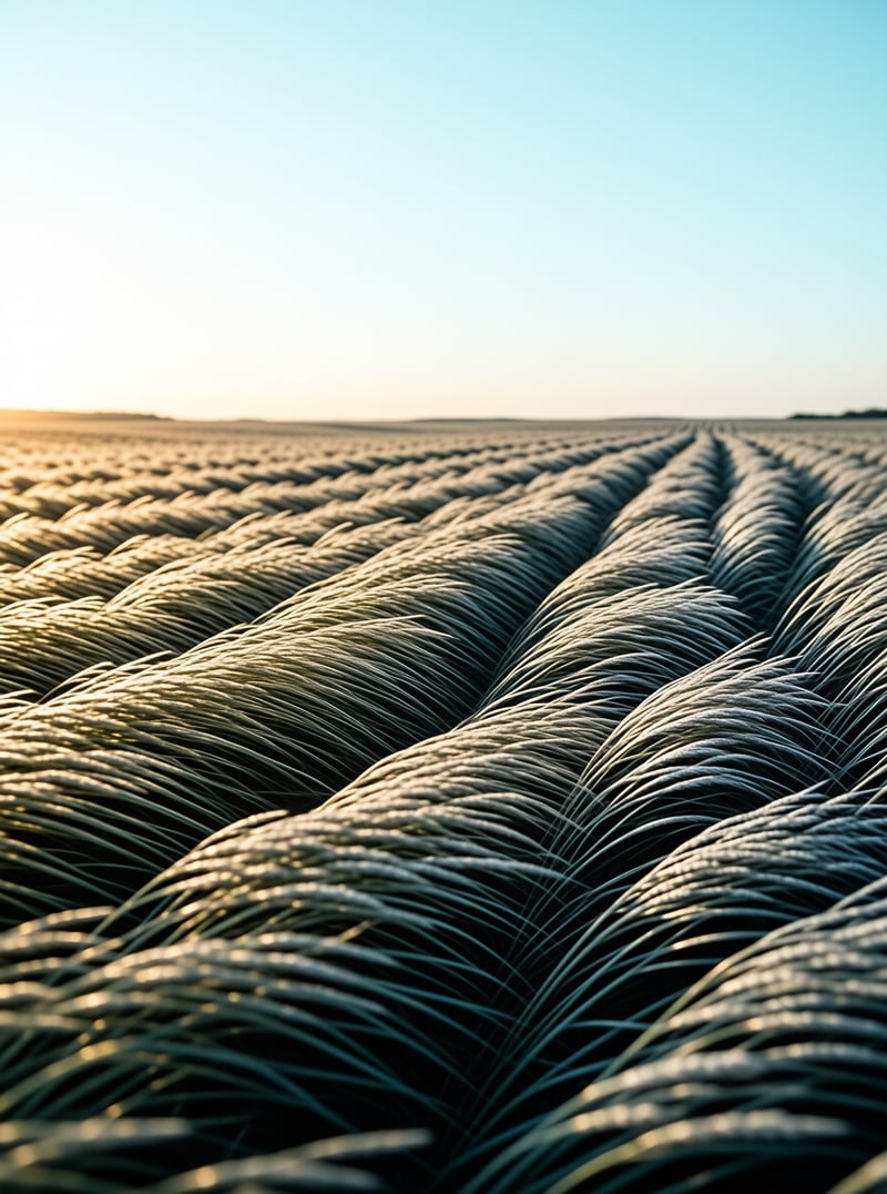 Tall grass blades form wavy lines across a flat landscape illuminated by golden evening sunlight.