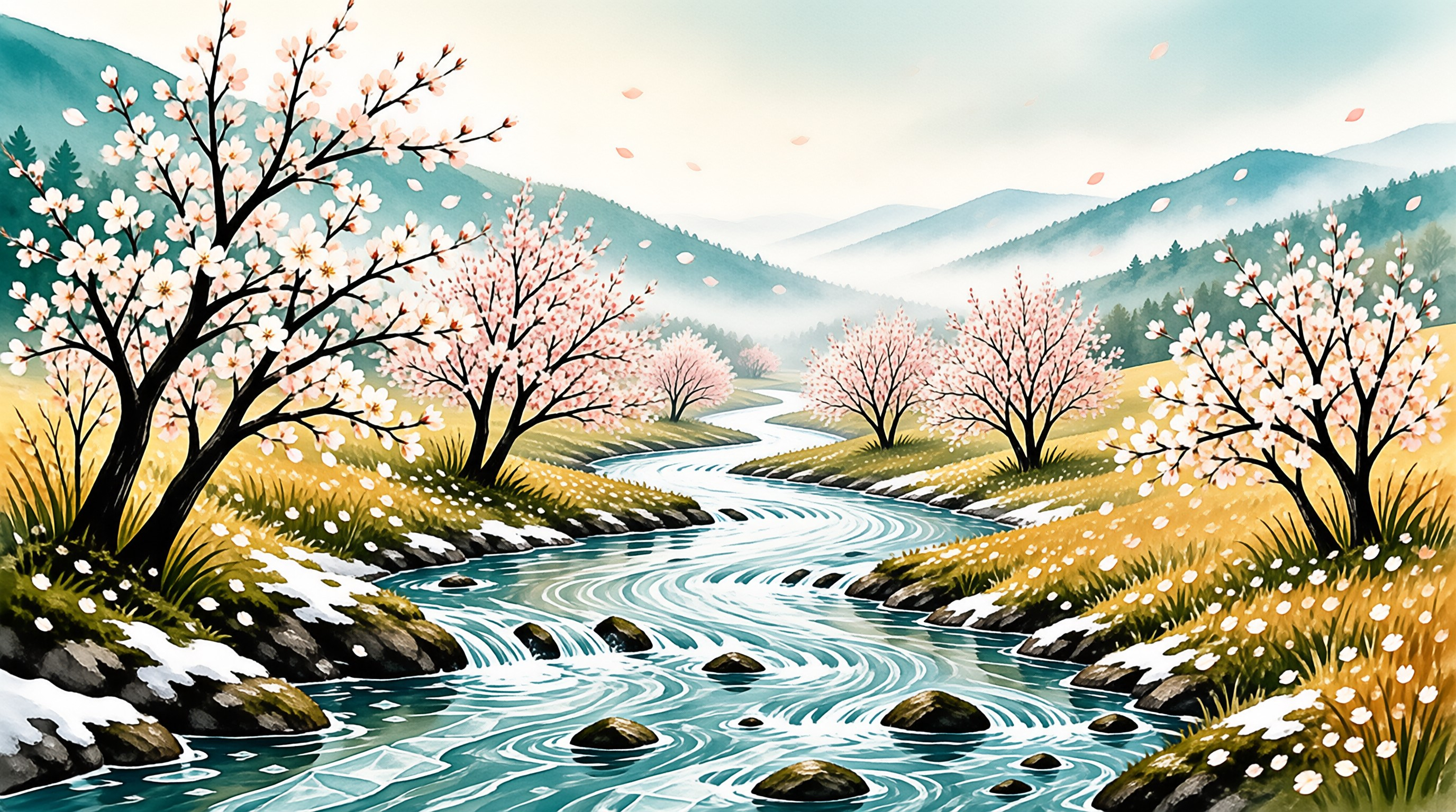 Winding blue stream curves between grassy banks with blooming pink cherry trees, misty green mountains rise in the background