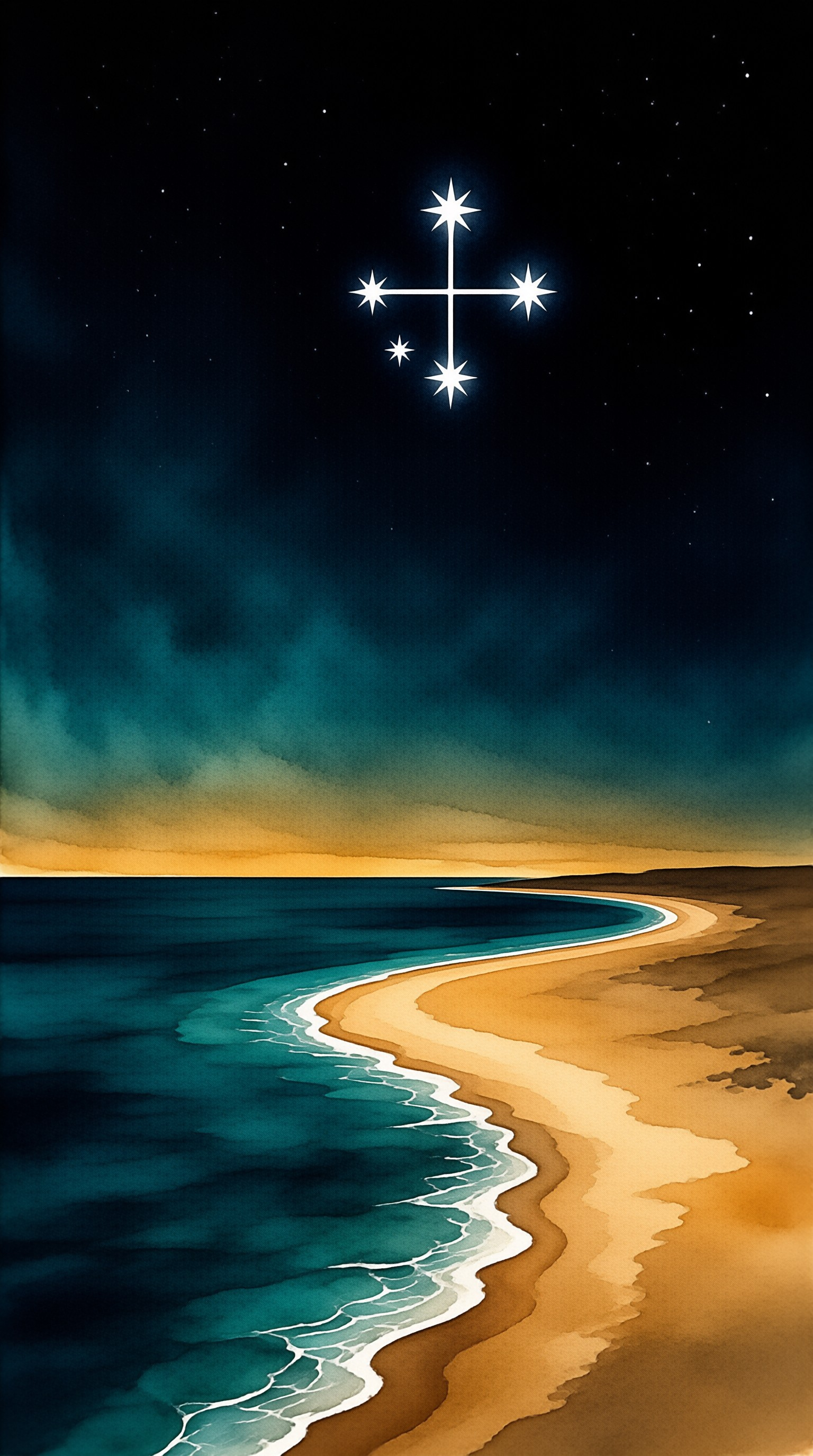 A constellation of stars forms a cross above a sandy beach where blue ocean waves meet the shore.