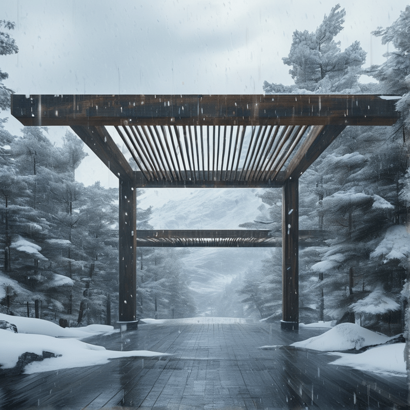 A dark wooden pergola frames a snowy forest path where pine trees are coated in white snow under an overcast winter sky.