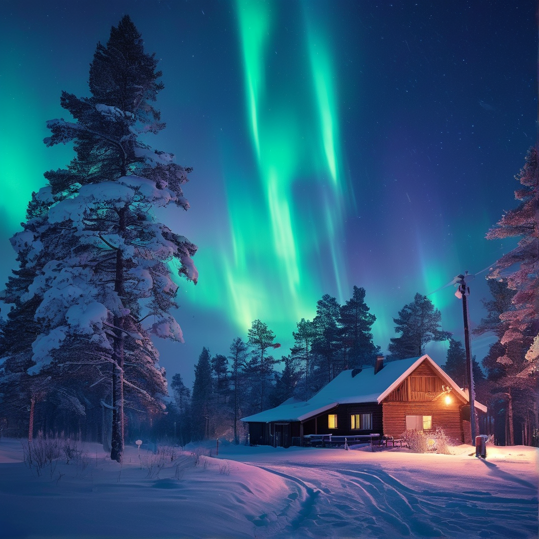 Aurora Over Snowy Cabin
