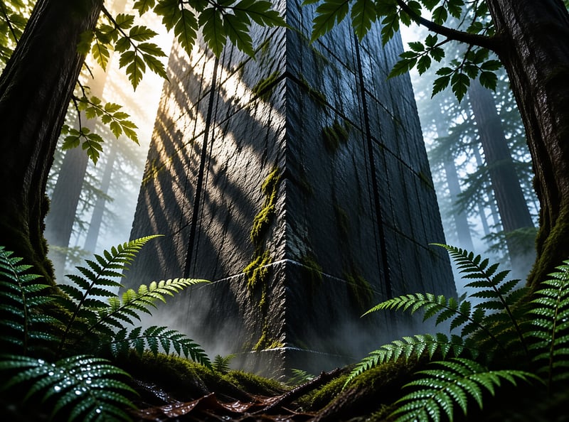 A mossy stone pillar rises in a foggy woodland while a sunbeam filters through ferns and tall trees.