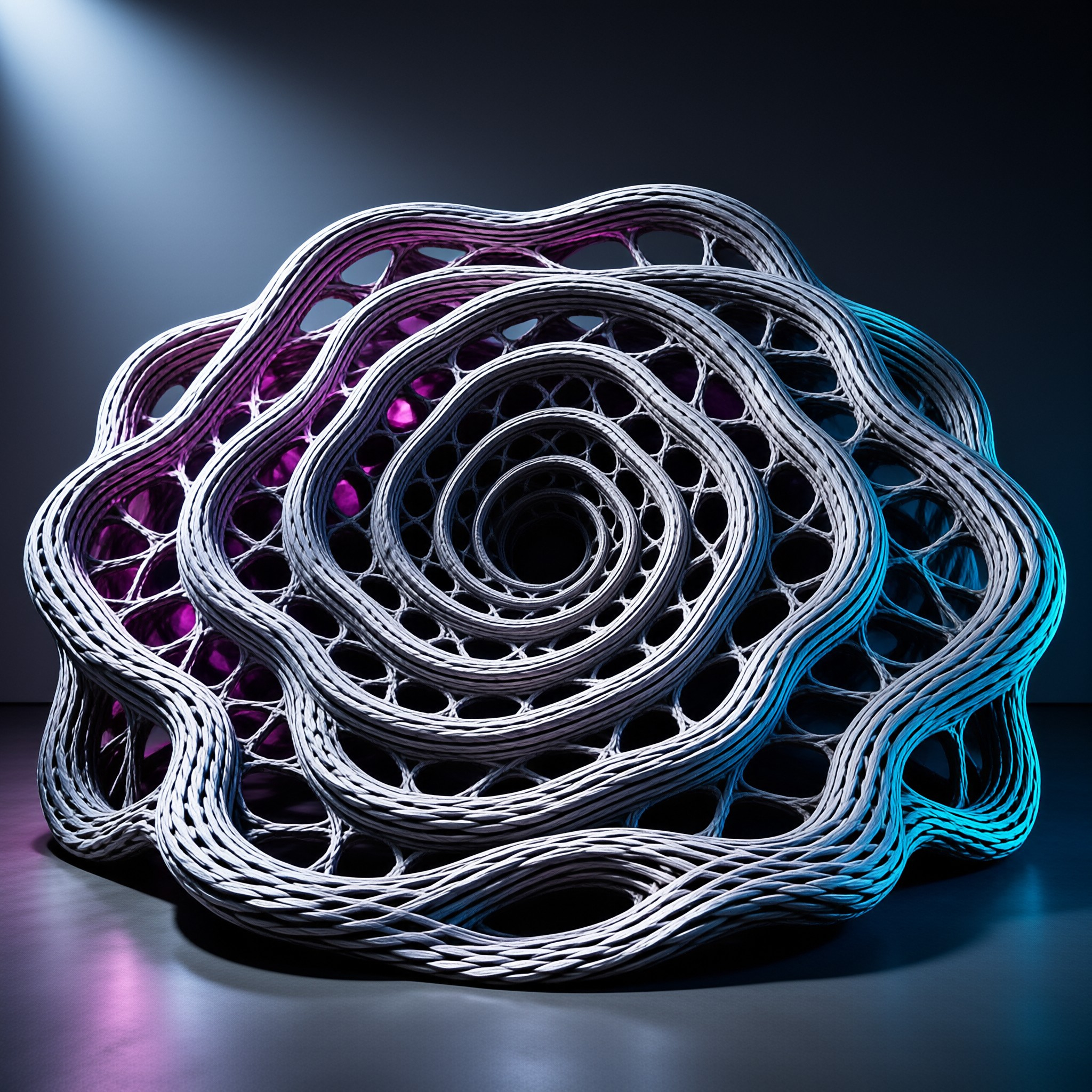 Twisted braided cords coil into a wide spiral shell lit by cool studio spotlights.