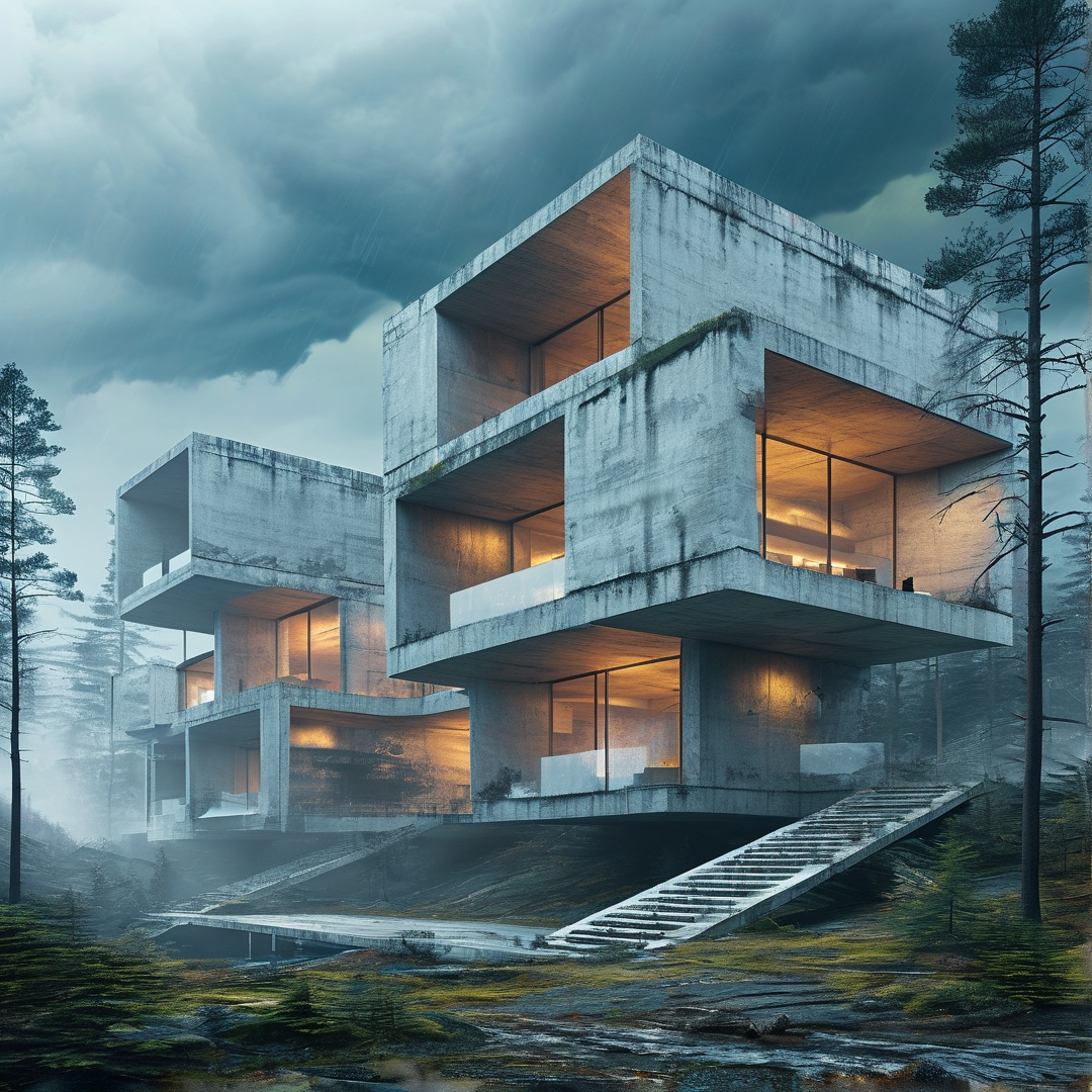 Brutalist House in Misty Forest