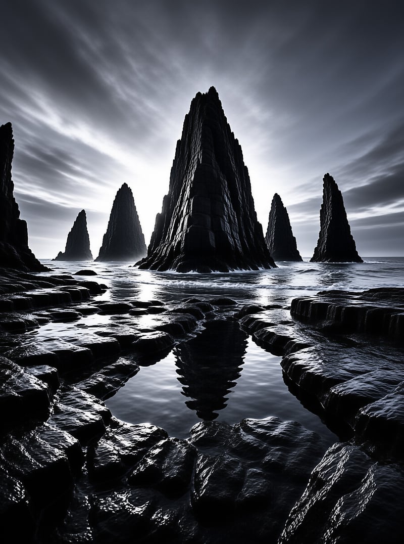 Towering dark rock pinnacles stand in shallow water and mirror in a still tide pool under a moody sky.