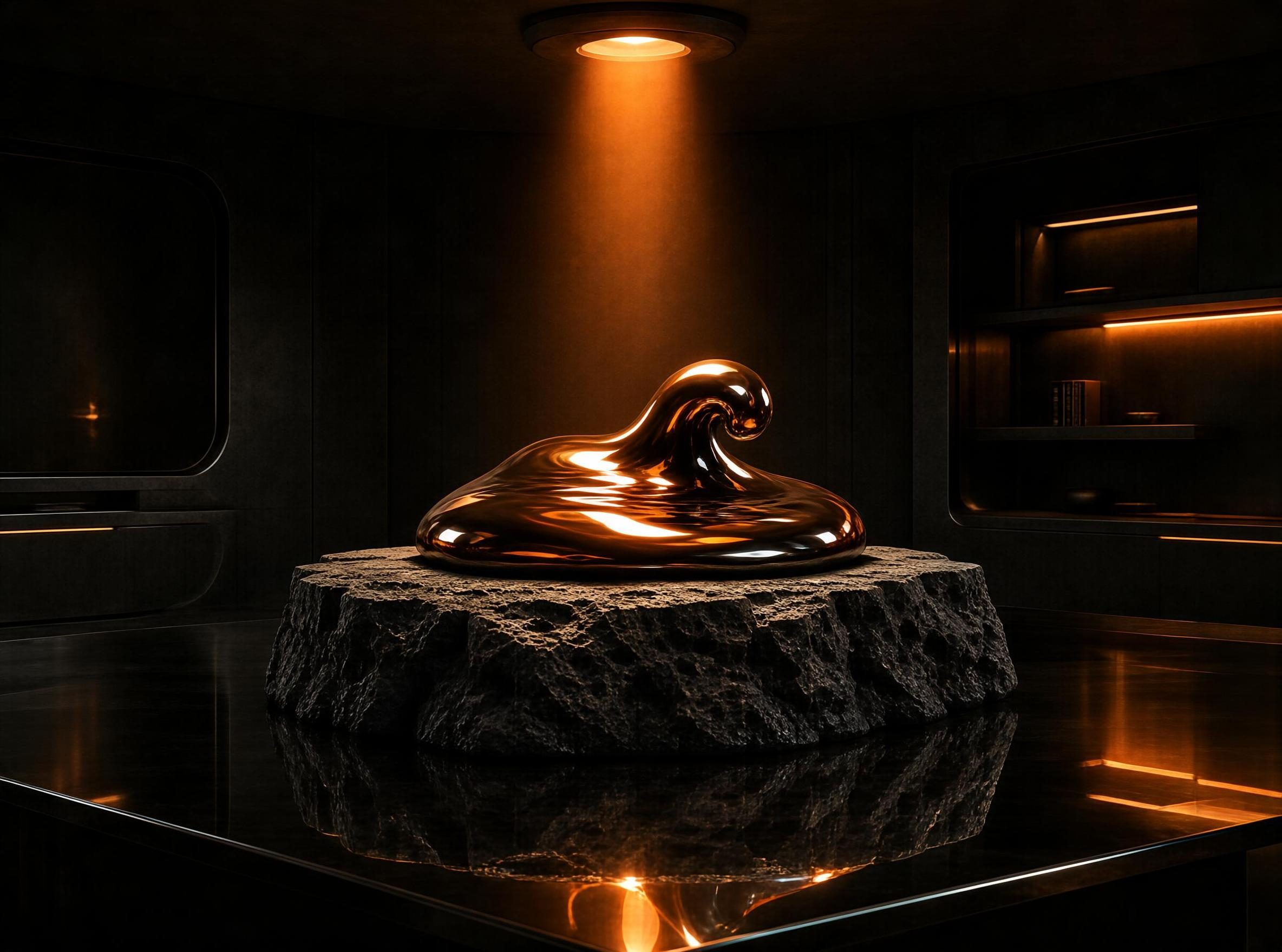 Metallic Sculpture on Stone Pedestal in Dark Room
