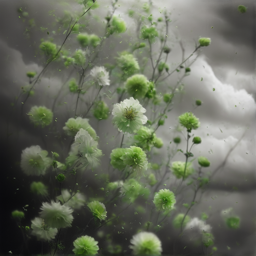 A field of green and white wildflowers sways gently against a backdrop of heavy grey clouds and mist.