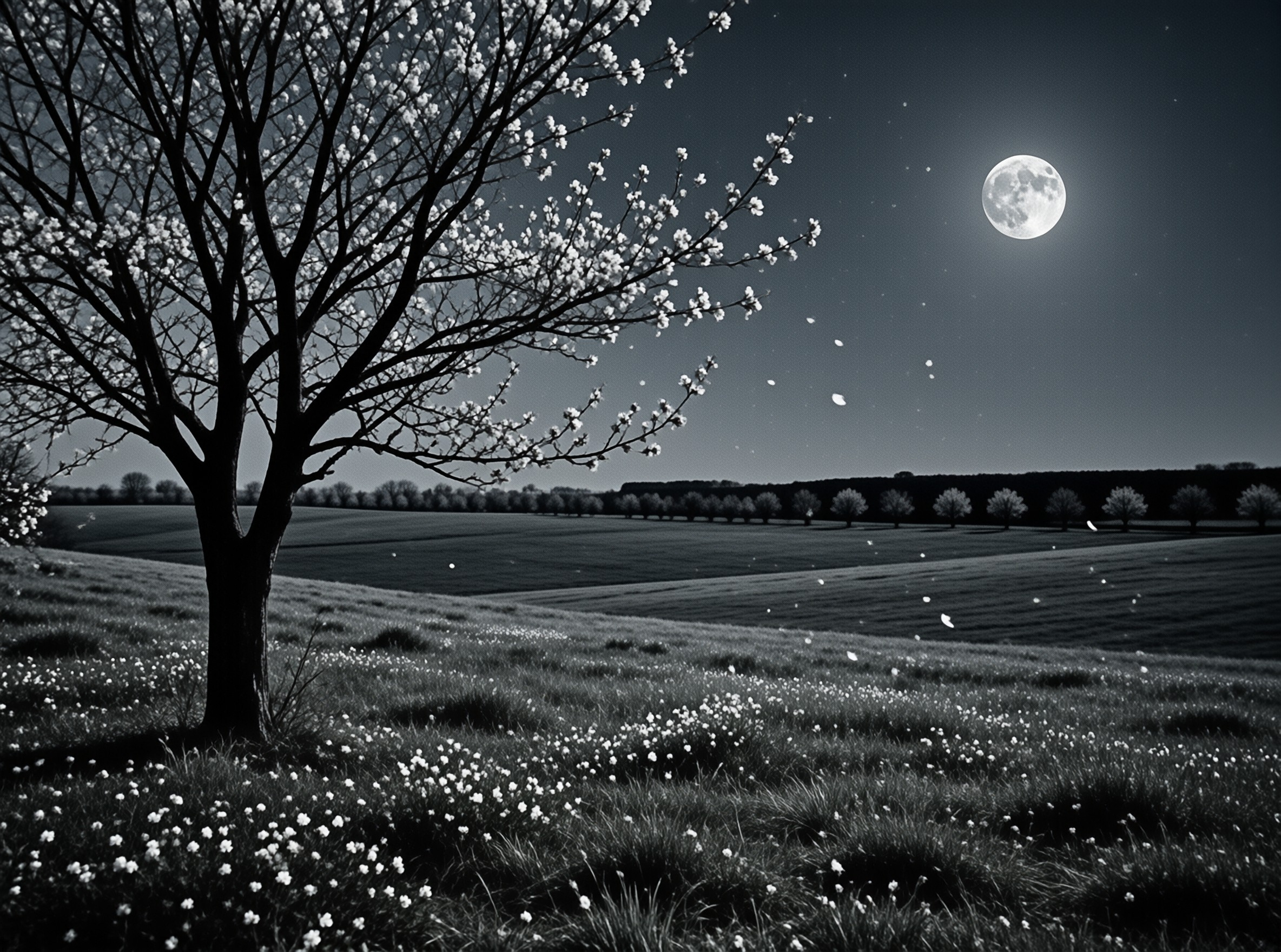 Blooming tree on grassy slope dotted with white flowers, bright full moon over distant trees, night sky with drifting petals.