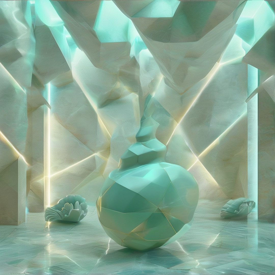 Turquoise geometric vessel sits in a cavern of pale stones illuminated by intersecting rays of energy.