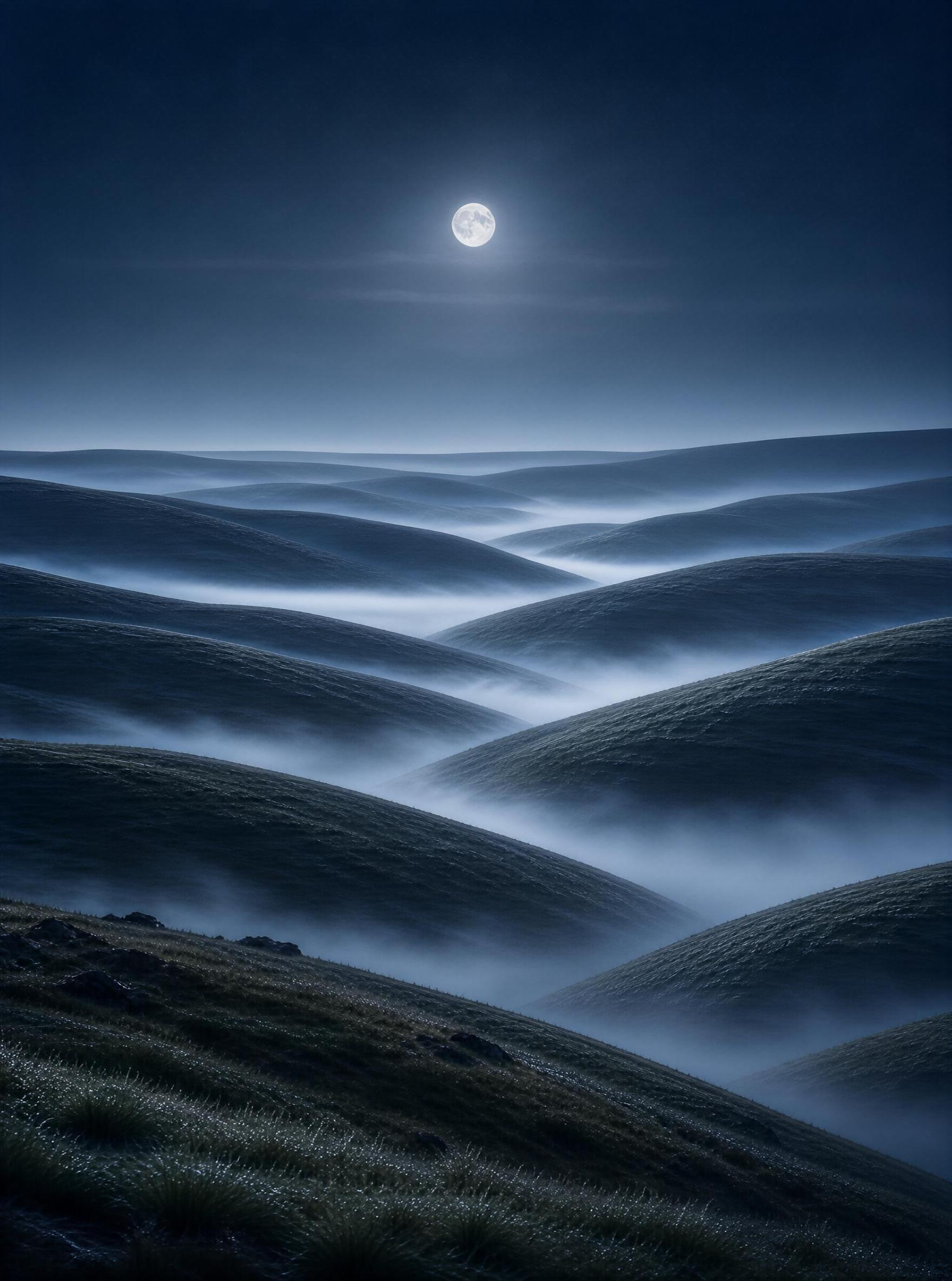 Moonlit Rolling Hills with Mist
