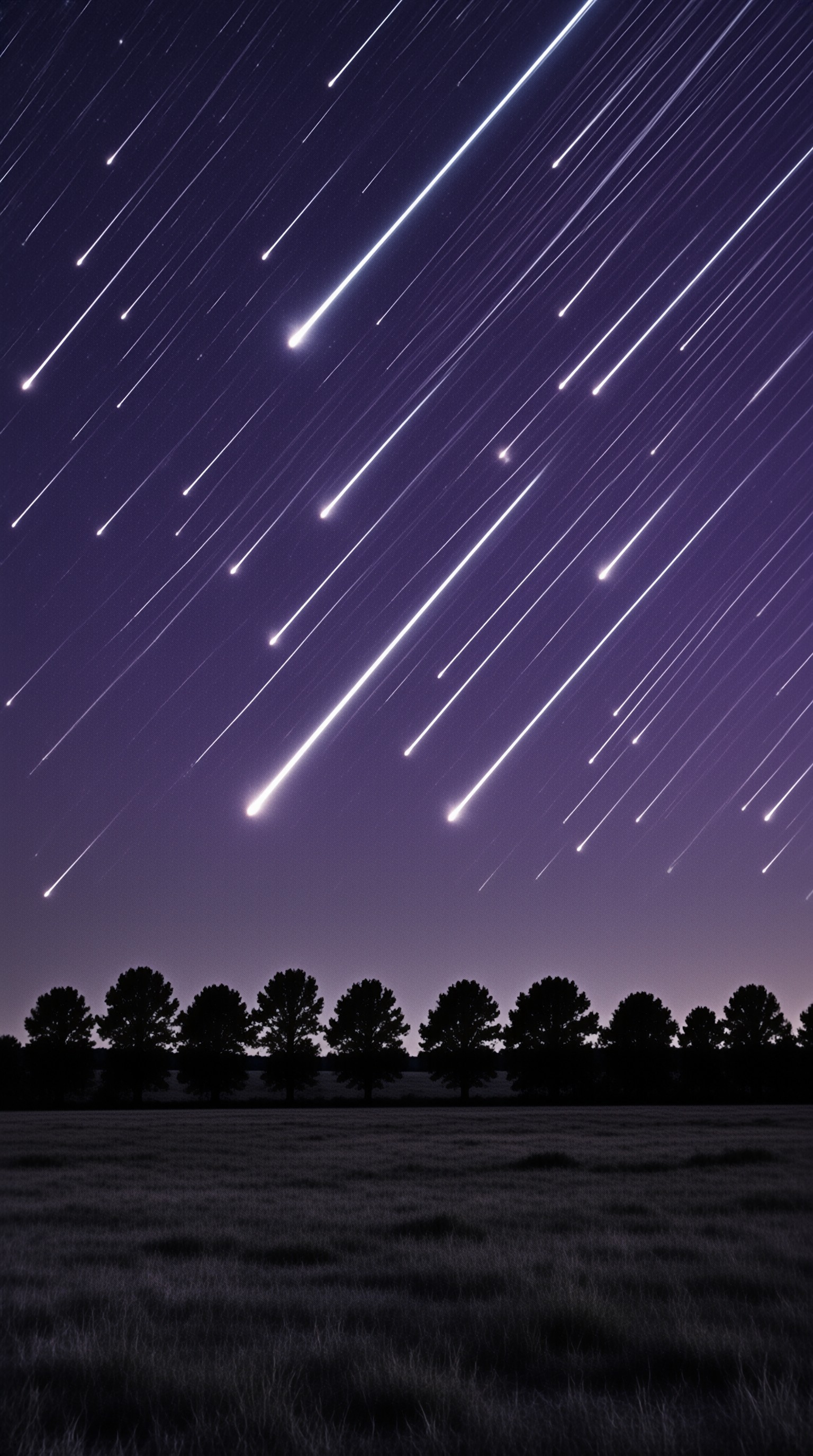 Bright white meteor trails streak diagonally across a deep purple night sky above a silhouette of trees.