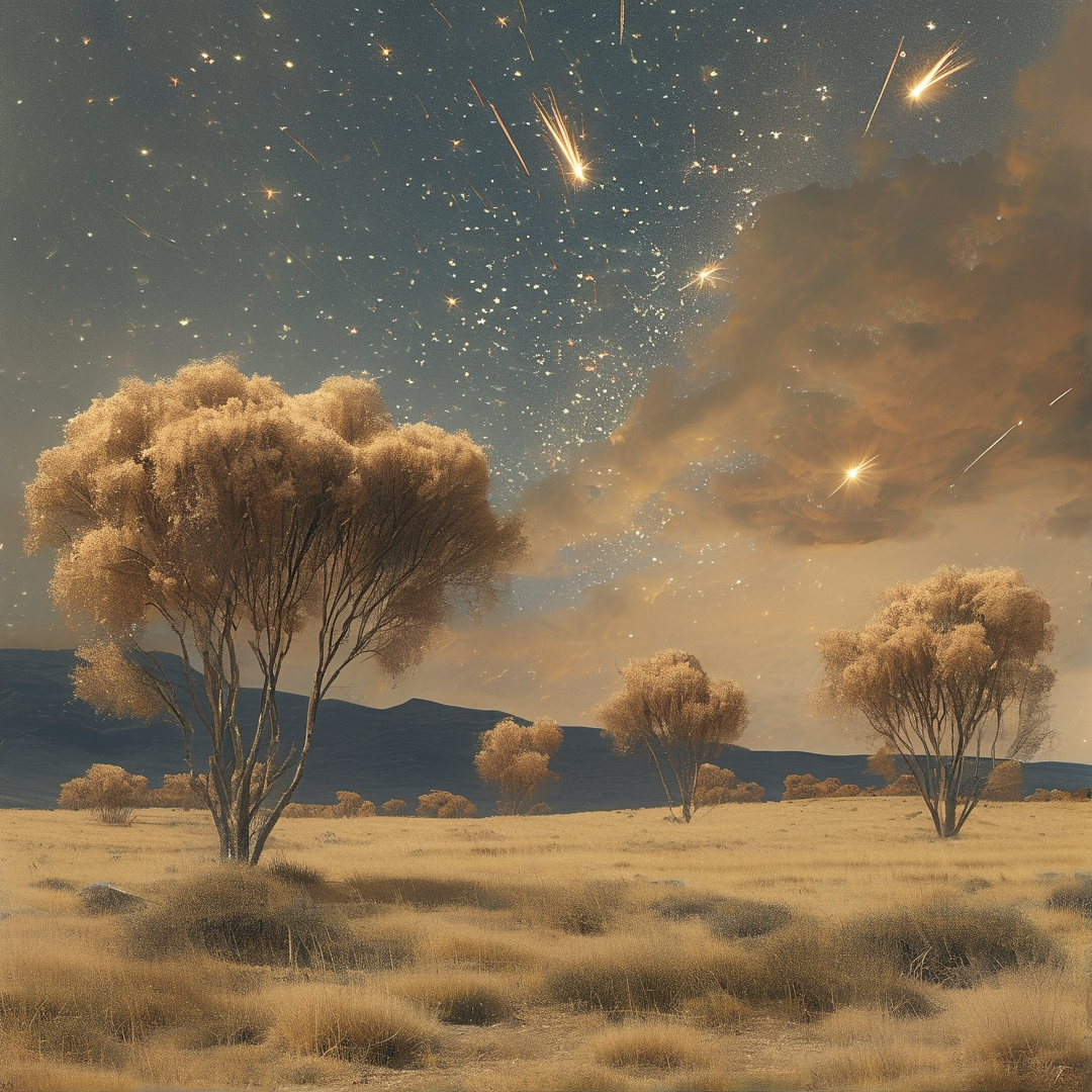 Sparse golden trees stand in a dry grassy plain beneath a star-filled night sky with streaking meteors and soft cloud cover