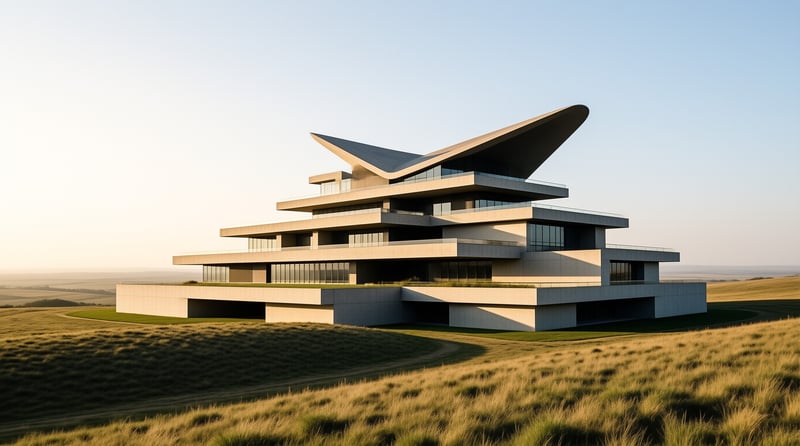 A large multi-level contemporary structure with a sharp angular roof stands on a rolling green hill bathed in warm sunlight.