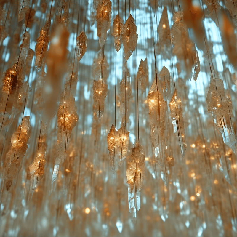 Transparent amber crystals hang from above creating a sparkling curtain of golden light against a blue background.