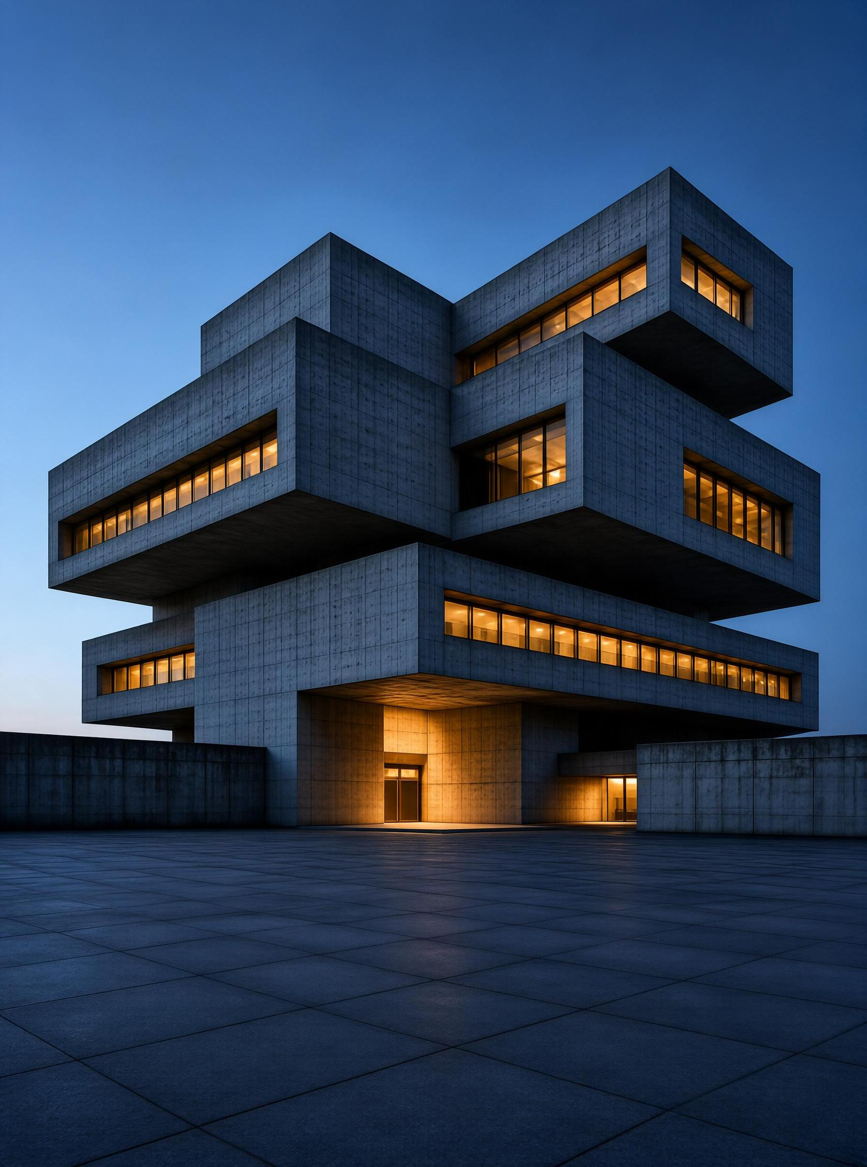 Brutalist Concrete Building at Dusk