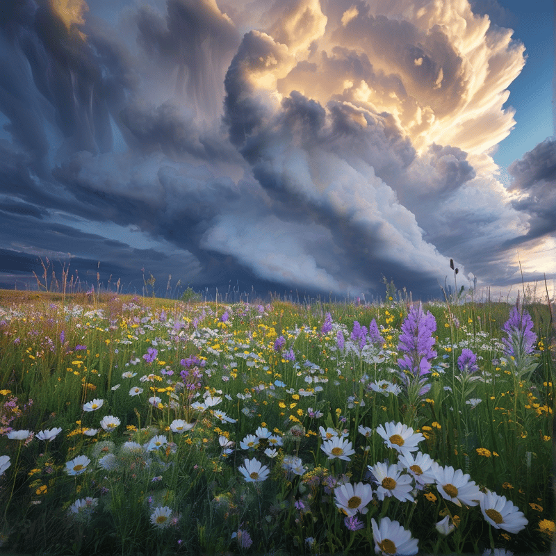 Wildflowers Under Stormy Sky