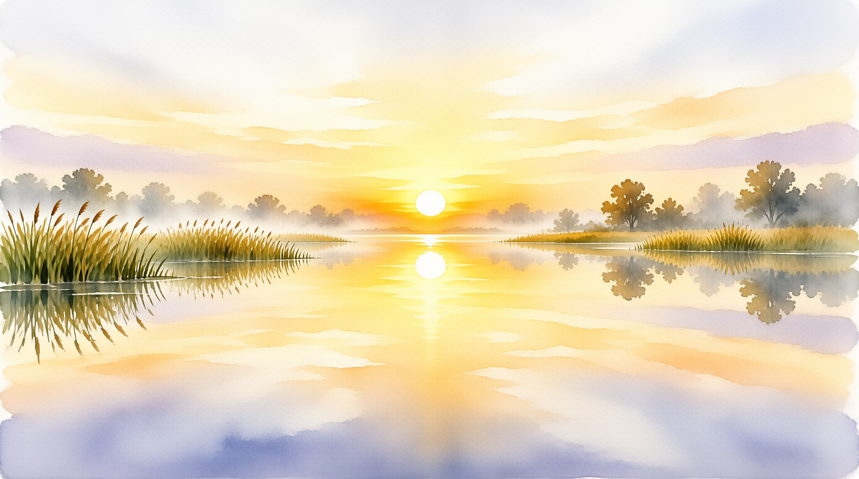 Watercolor of a lake at sunrise with golden reflections and reeds in the misty foreground.