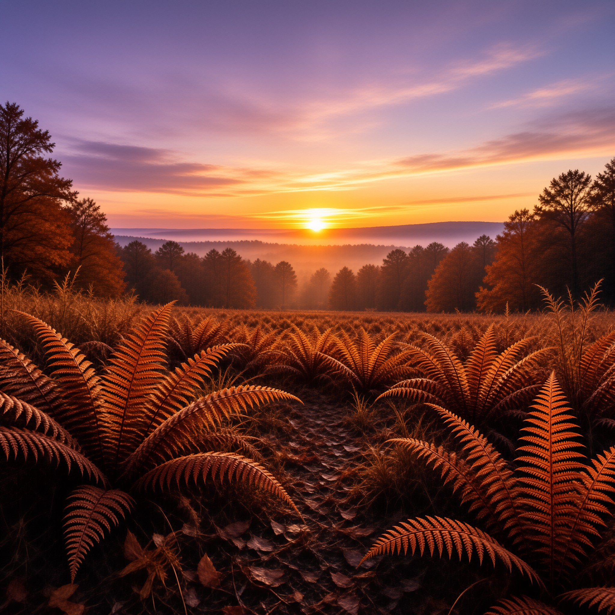 Golden Fern Field at Sunrise