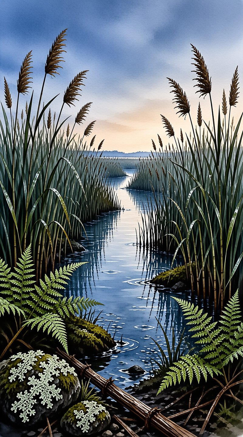 Tall reeds and ferns frame a narrow waterway reflecting the sky while mossy rocks sit near wooden poles.