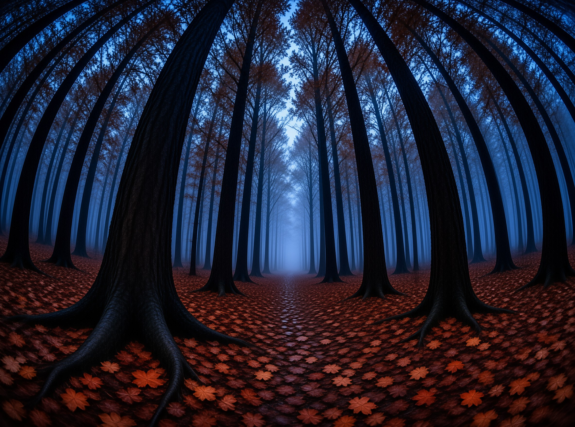 Curved black tree trunks line a foggy blue autumn path blanketed in rust orange maple leaves receding into pale distant haze.