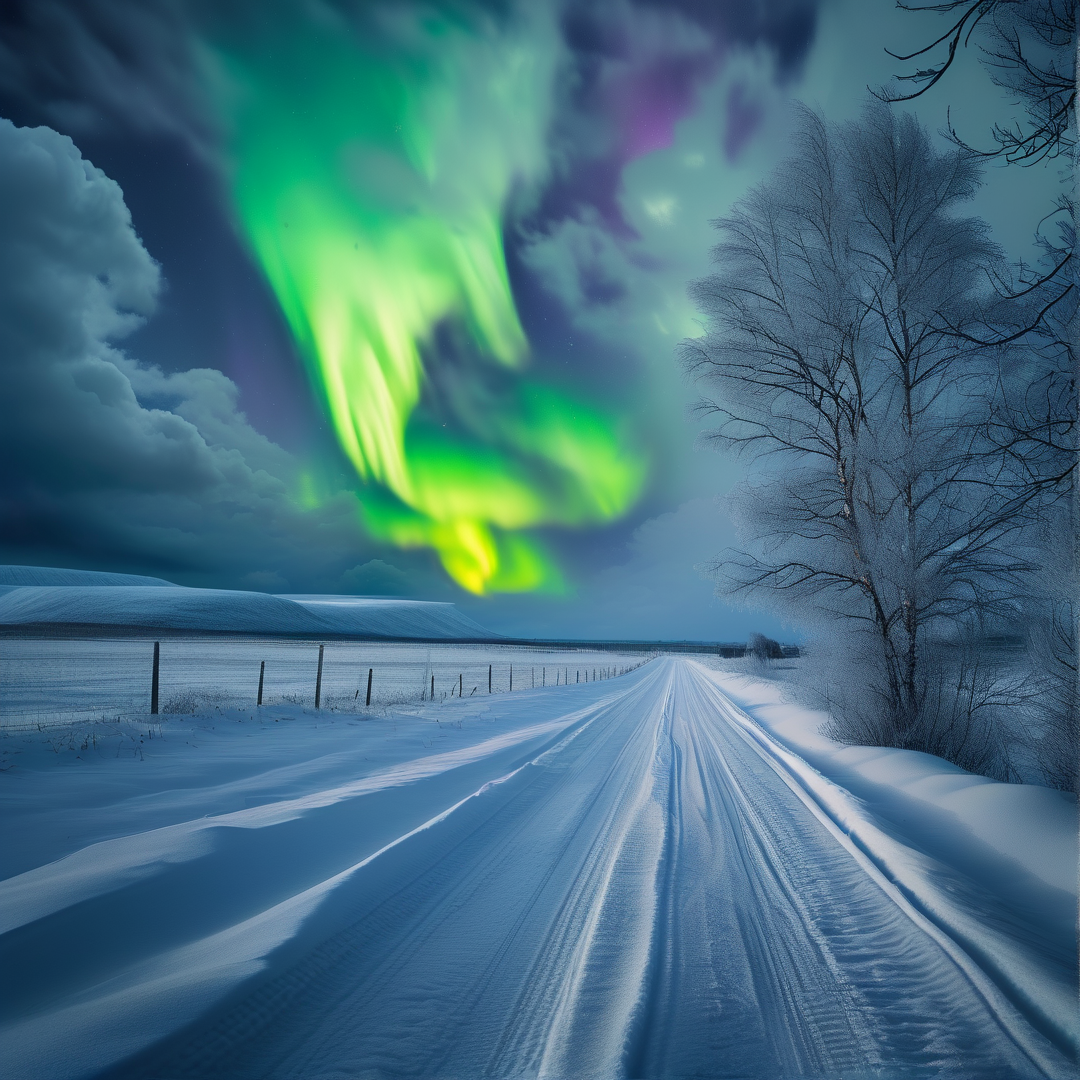 Aurora on Snowy Frozen Road