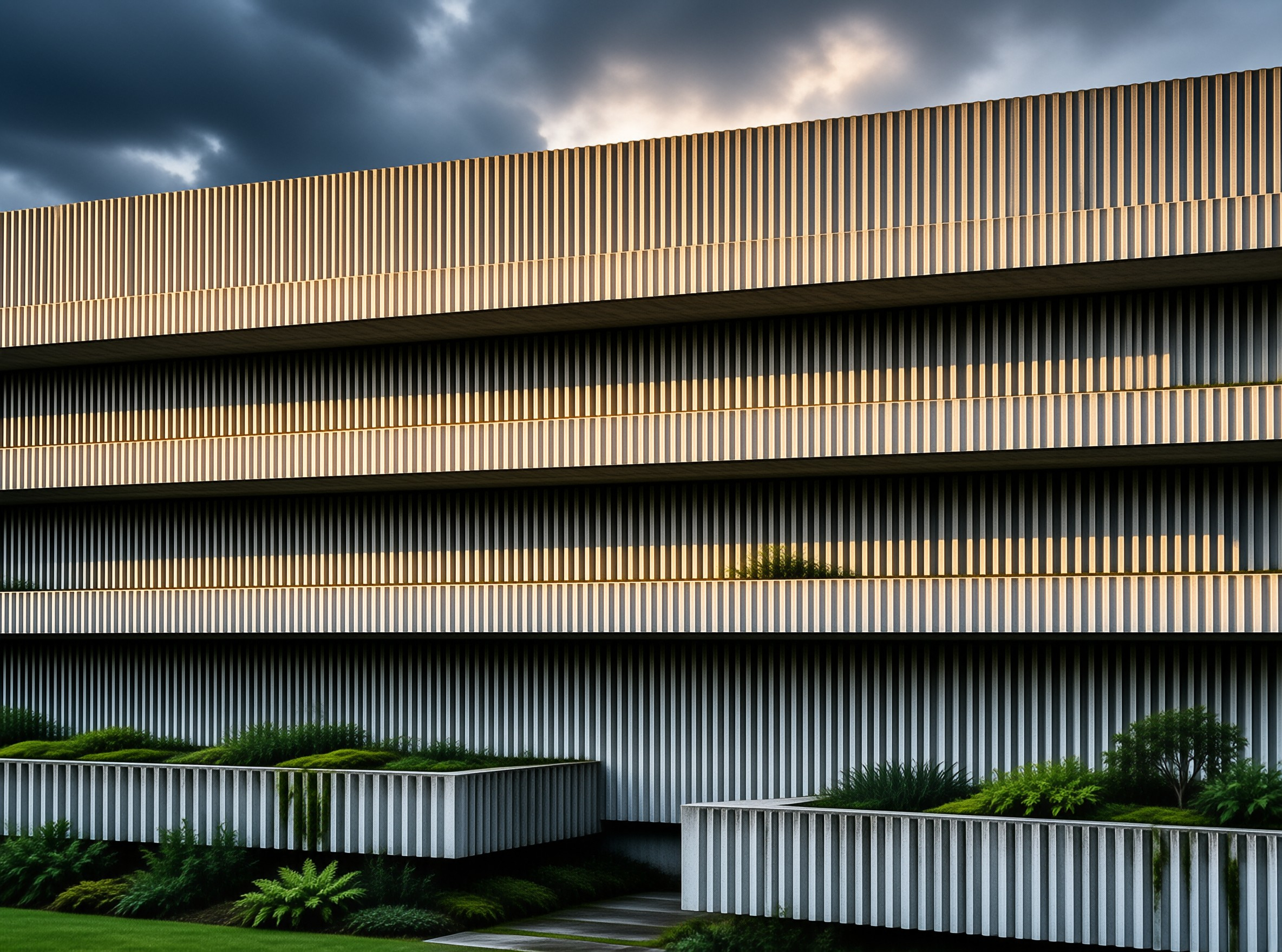 Horizontal bands of closely spaced vertical fins wrap a modern building, softened by planted terraces under a brooding sky.