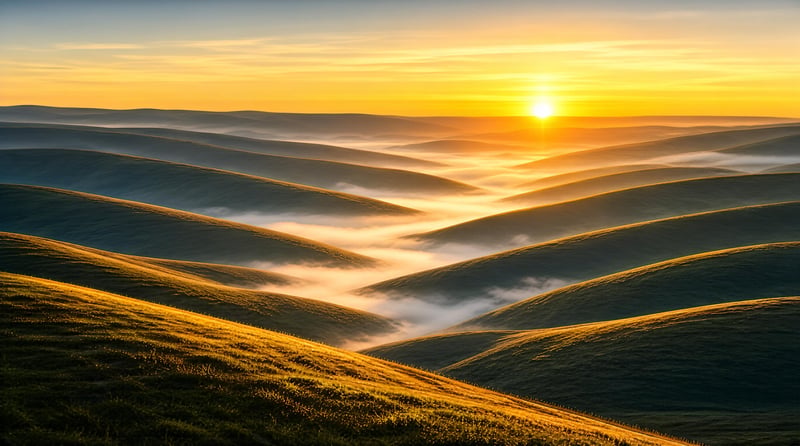Golden Sunrise Over Hazy Hills