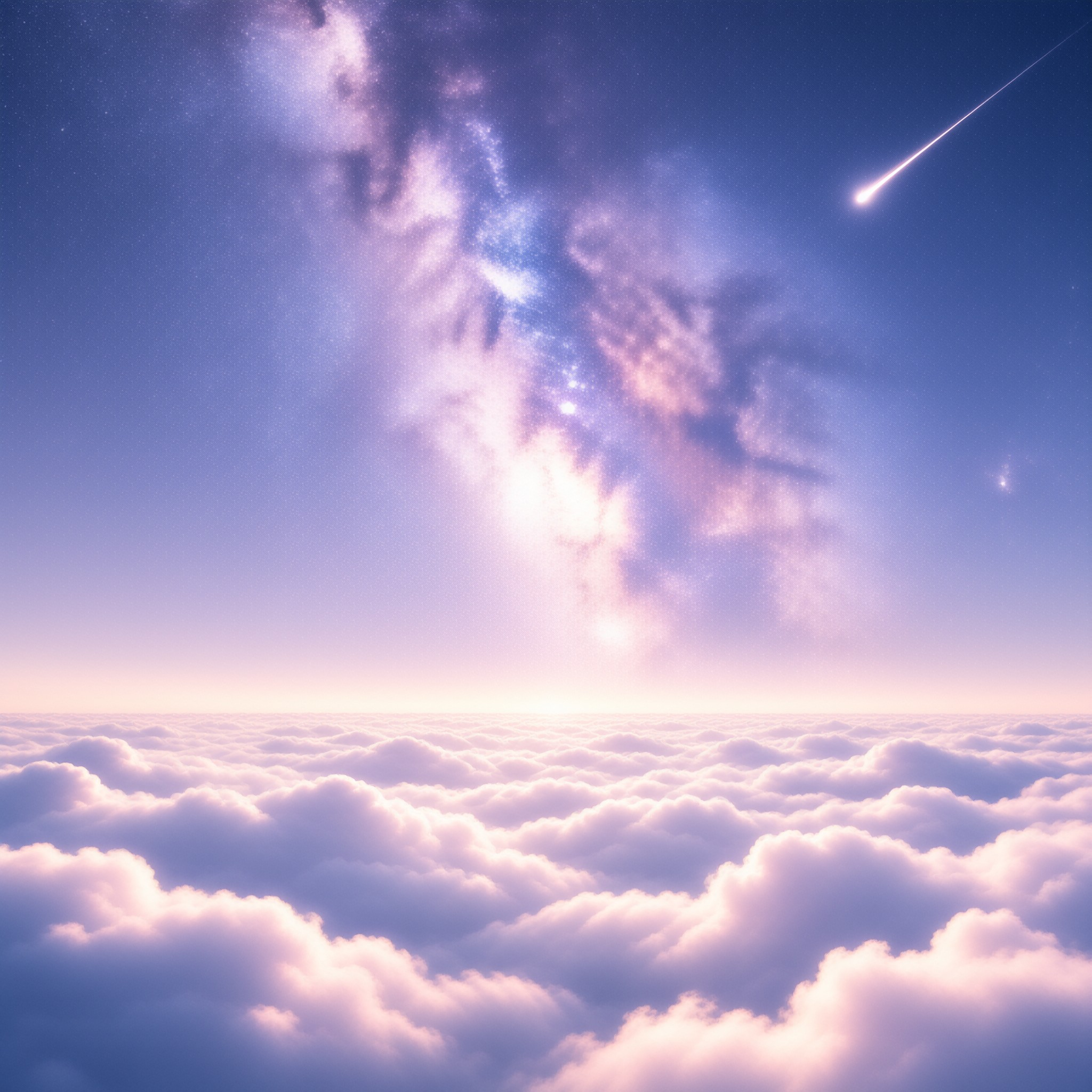 A shooting star crosses a purple night sky containing the Milky Way above a vast ocean of soft white and pink clouds.