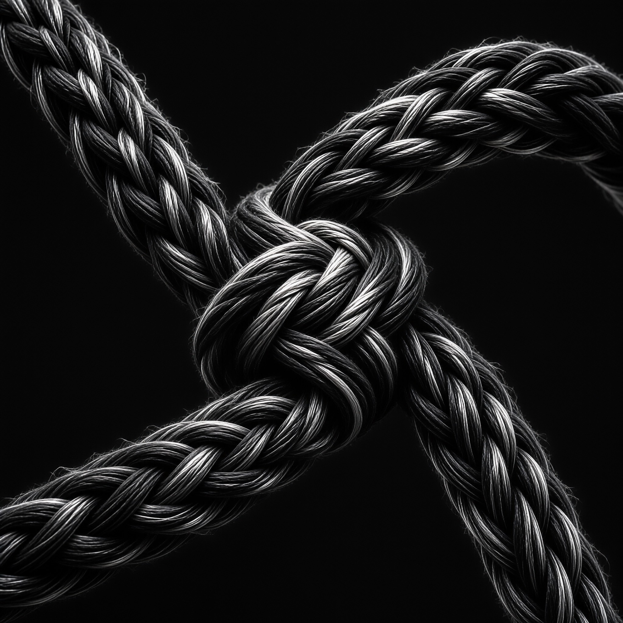 Two thick braided cords cross and bind at a tight knot rendered in dramatic monochrome.