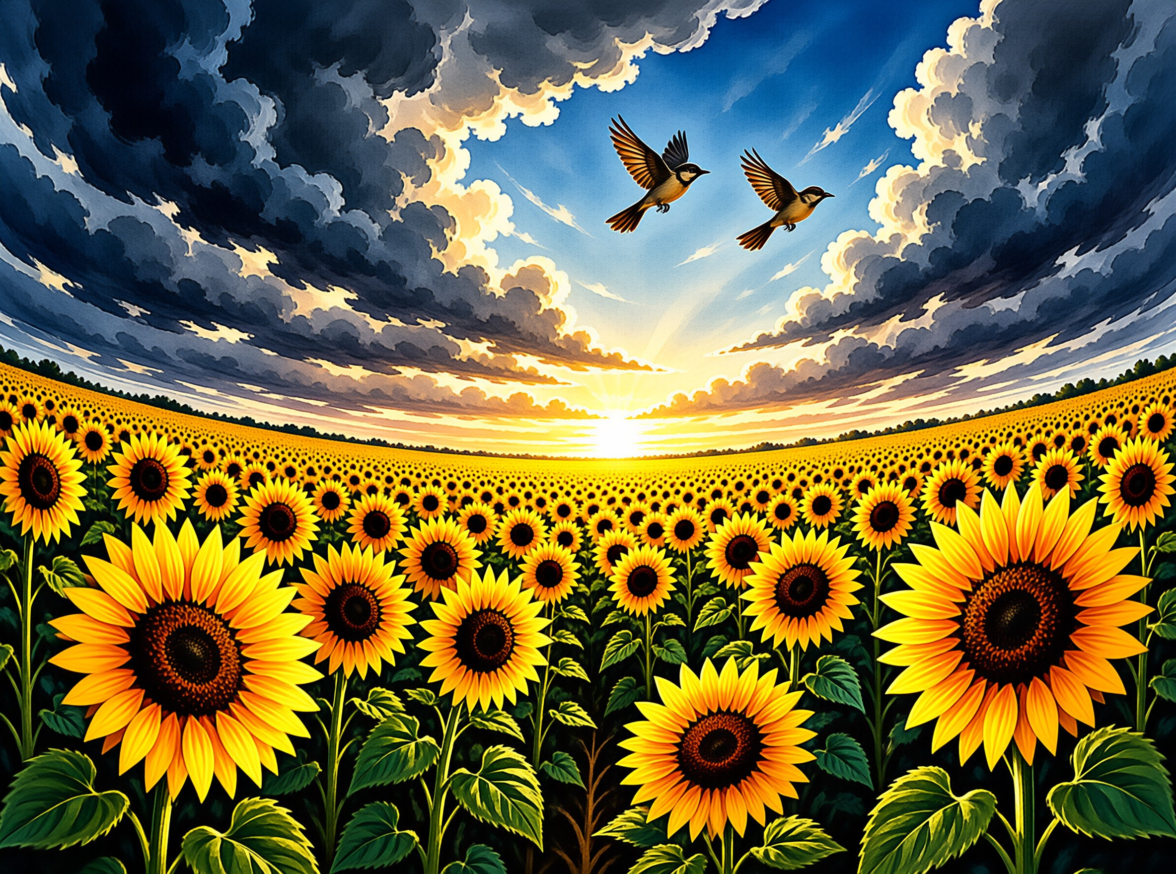 Vast yellow blooms stretch toward a glowing horizon as two winged creatures soar through the dramatic cloudy sky.