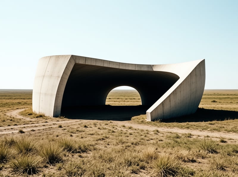 A smooth curved concrete pavilion with a circular tunnel opening stands alone on dry golden grassland under a clear sky.