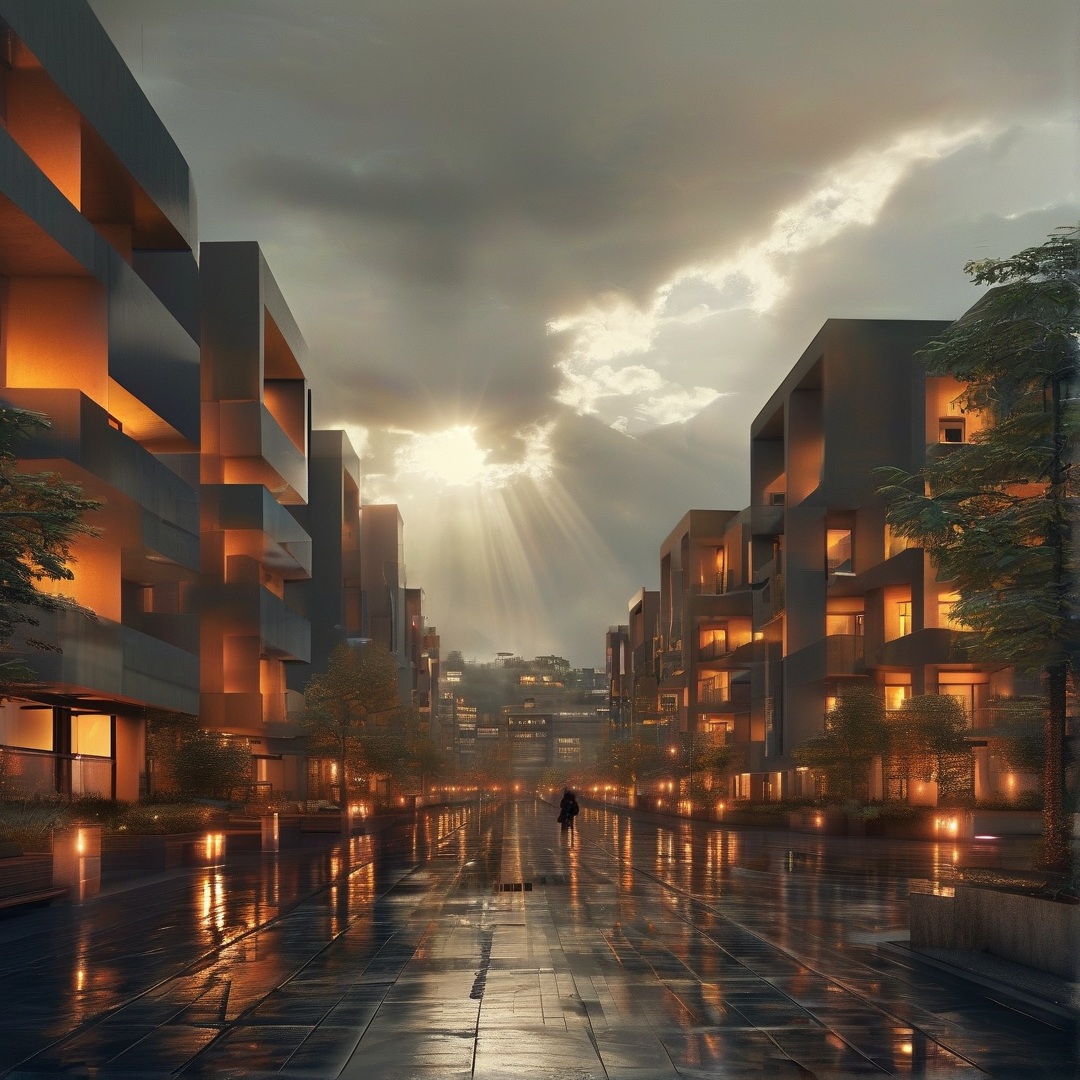 Residential Blocks in Rainlit Dusk