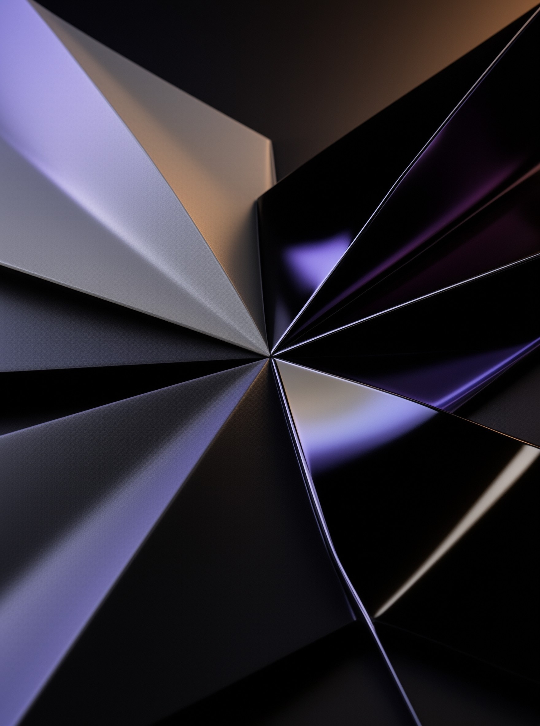 Smooth metallic wedges fan outward from a central point, catching soft purple and cream highlights.