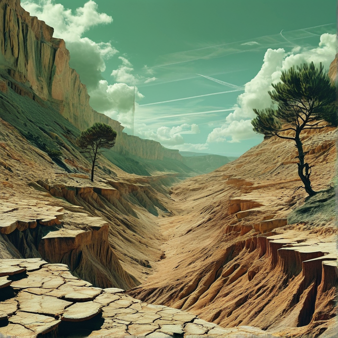 Eroded canyon walls slope inward, two lone pines stand on the sides beneath a teal sky with clouds and contrails.