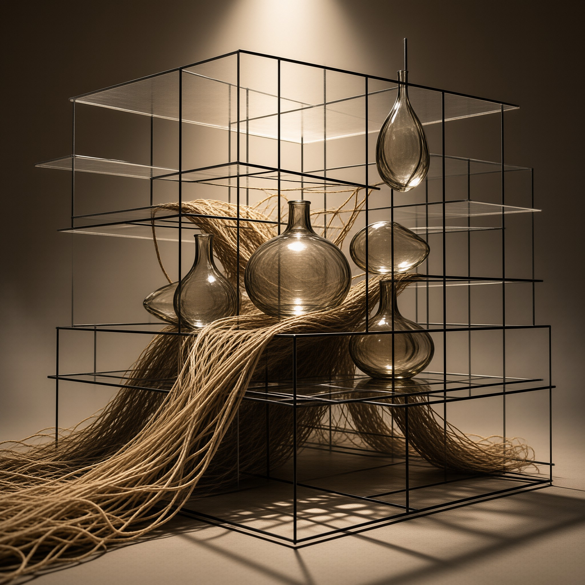 Glass vases rest on clear shelves in a wire frame while dried raffia spills across the surface under warm light.