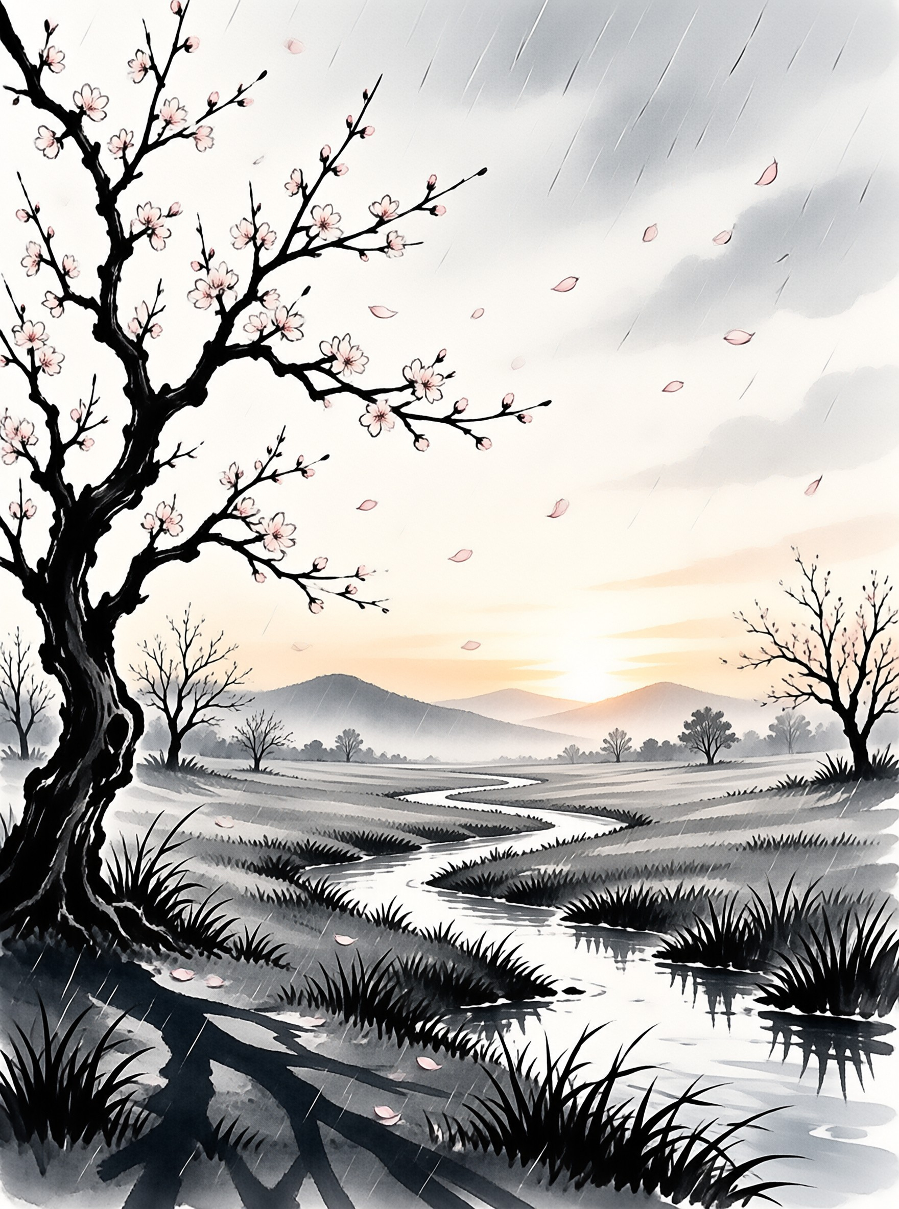 A large blooming tree stands beside a stream in a rainy landscape with falling petals and misty mountains behind.