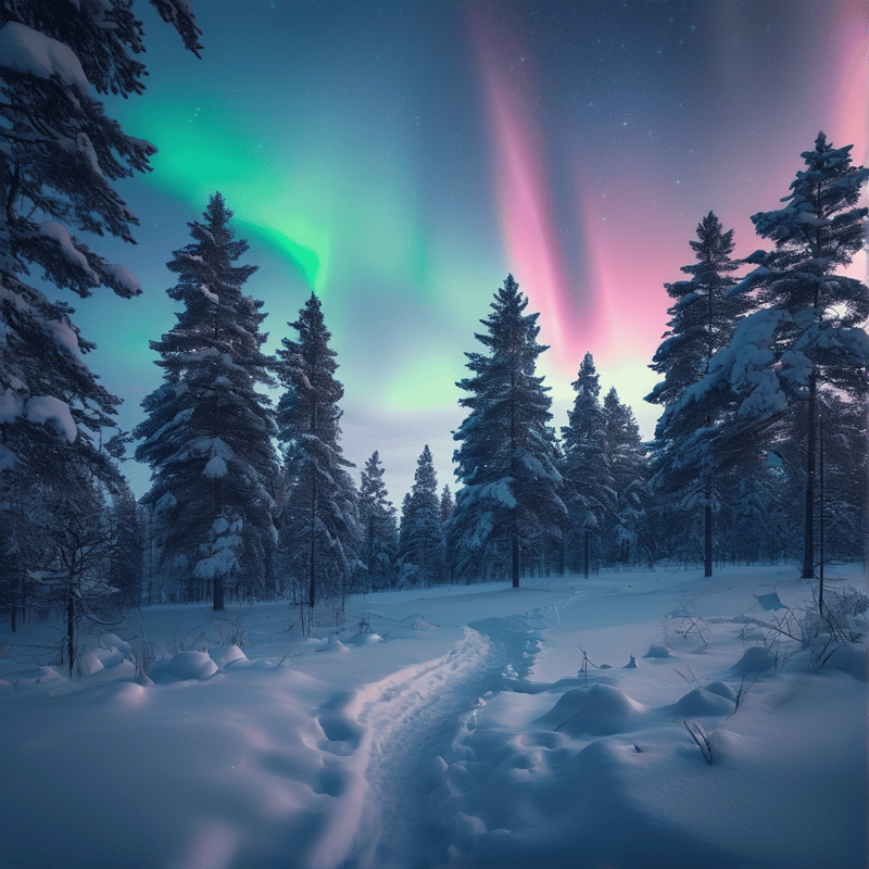 Aurora over Snowy Forest